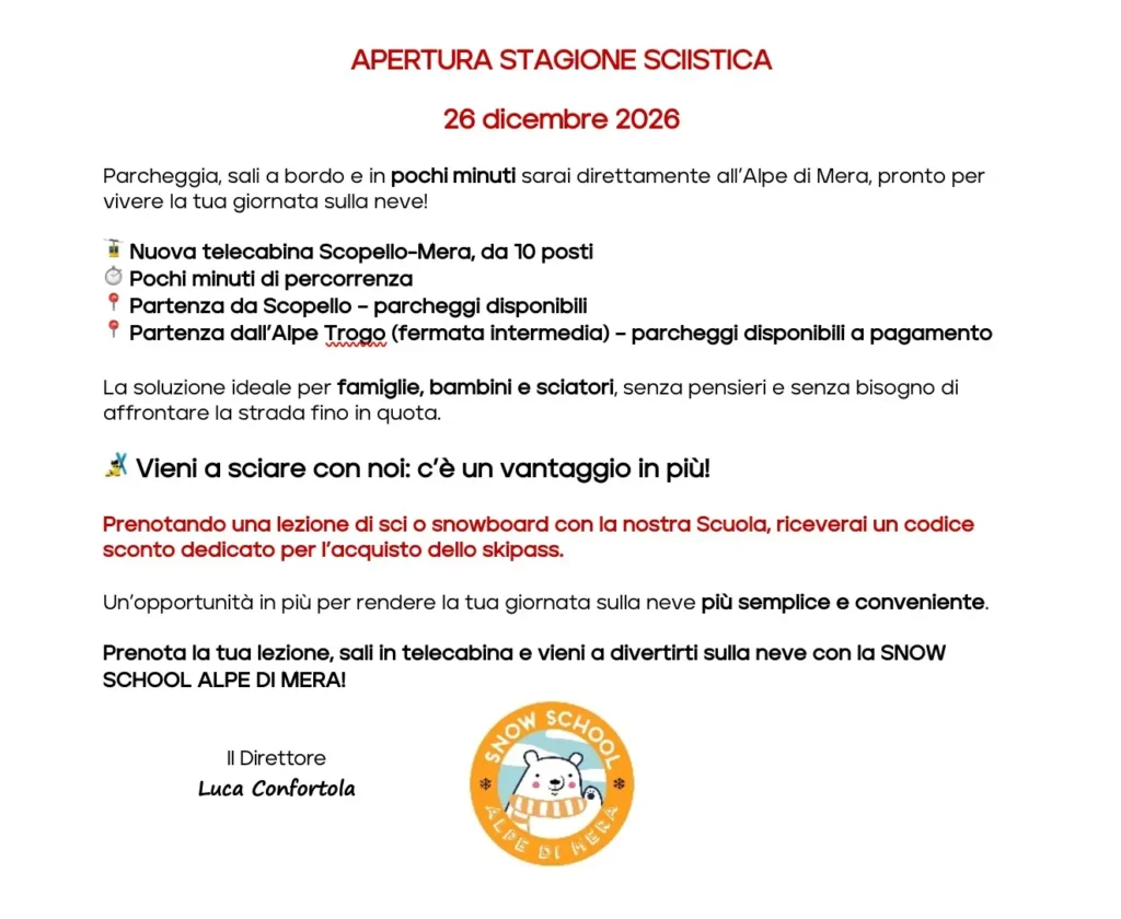 Apertura stagione sciistica 26 dicembre 2026